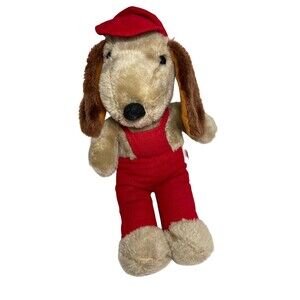Interpur Brown Puppy Dog Red Corduroy Hat Overalls 15 Inch Stuffed Toy vtg Plush